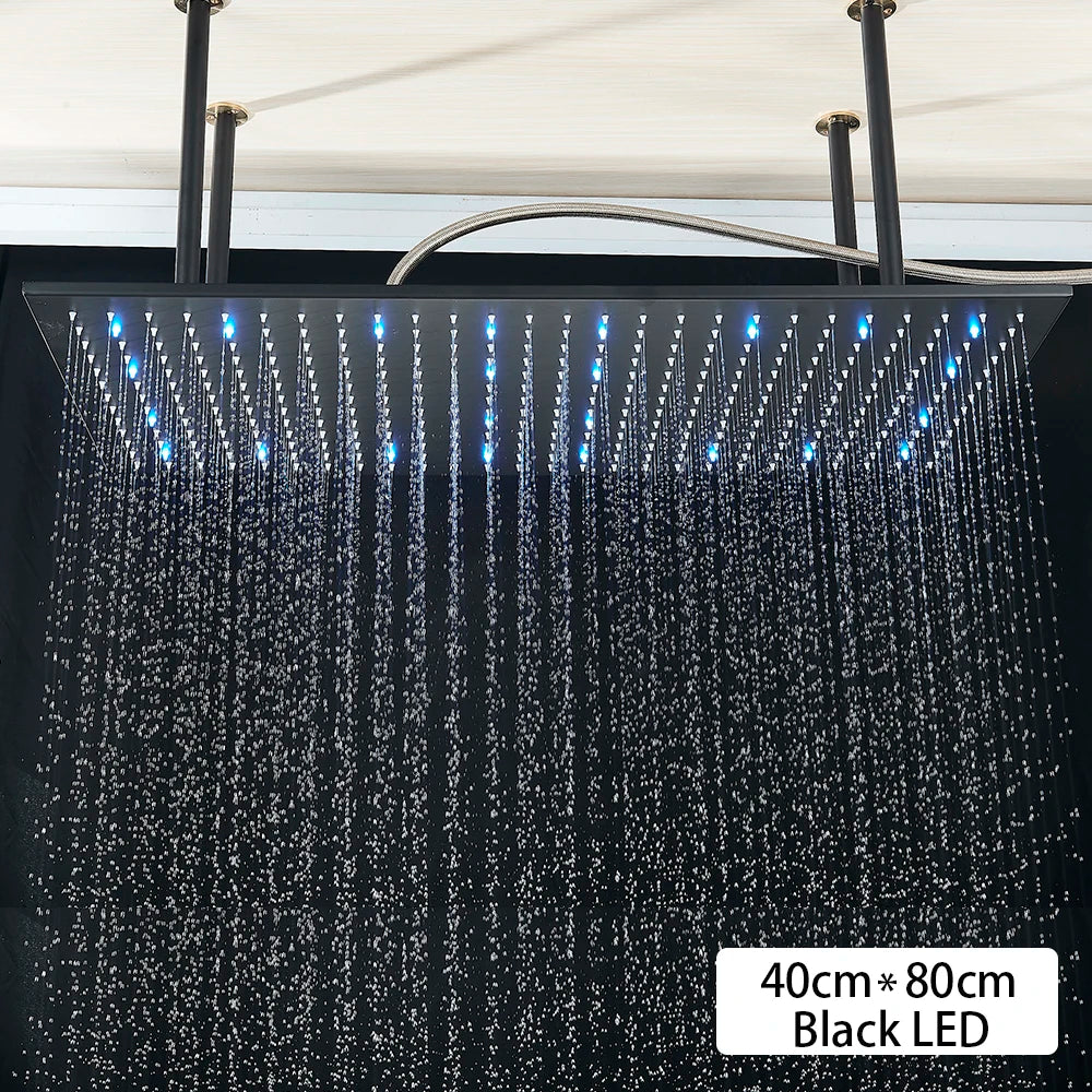 Black Ceiling Intelligent Remote Control LED Rainfall Waterfall Single Shower Head Concealed Shower Tap