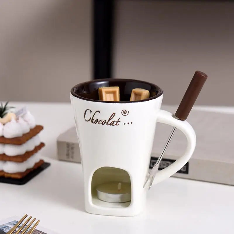 130ml Chocolate Fondue Cup European Candle Cup Ceramic Mug Heating Food Cheese Creative Coffee Mug With Fork Christmas Party