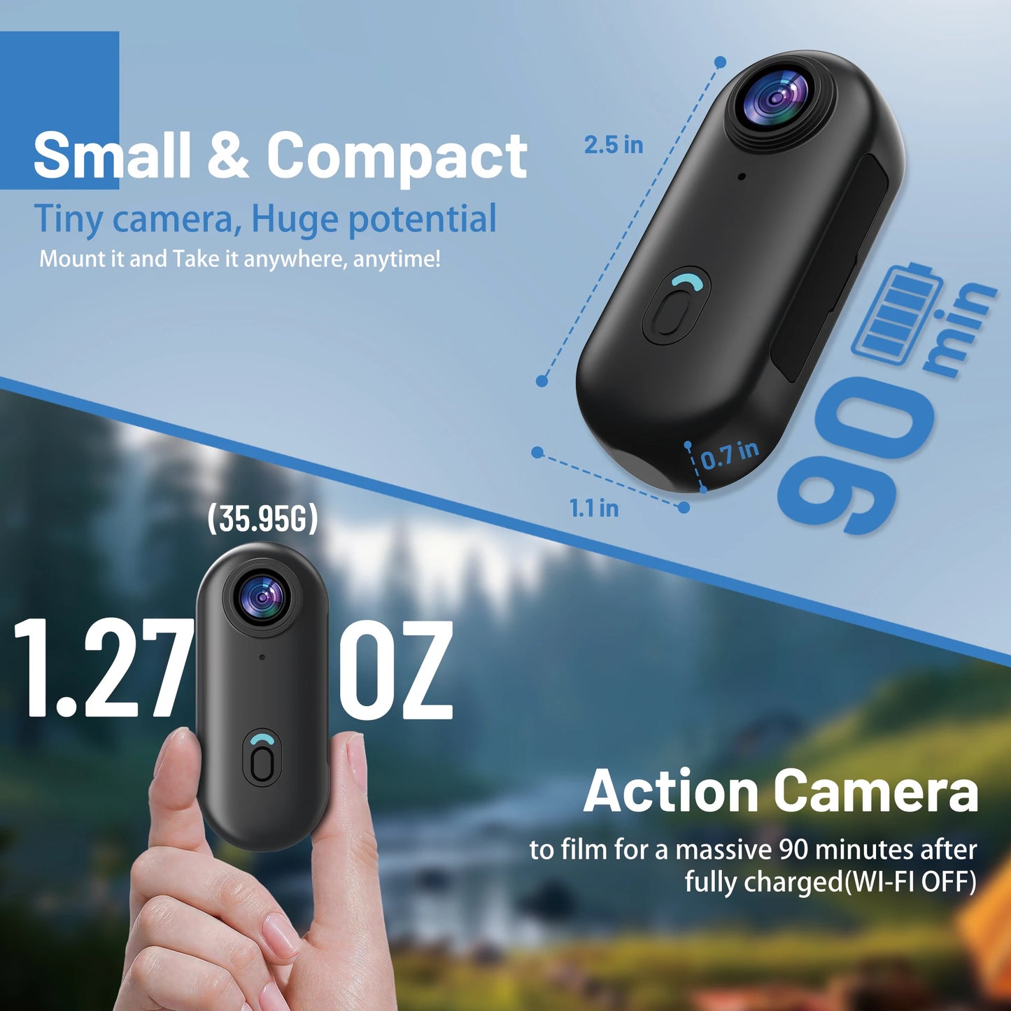 4K Mini WIFI Action Camera 128GB Thumb POV Portable Video Recorder with IPX7 Waterproof Camcorder Helmet Mount Vlogging (Black)