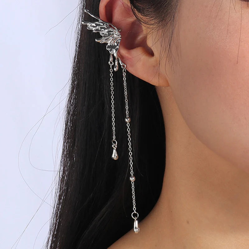 Aihua 1pc Female Y2K Fairy Butterfly Tassel Clip Earrings for Women Girls Elf Angel Ear Cuff Earring Fashion Jewelry Gifts