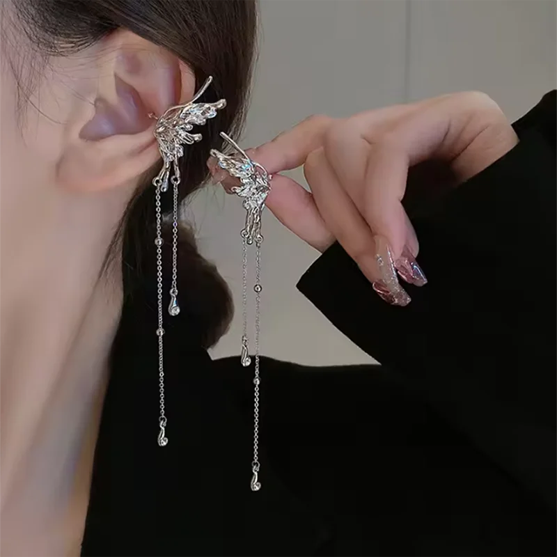 Aihua 1pc Female Y2K Fairy Butterfly Tassel Clip Earrings for Women Girls Elf Angel Ear Cuff Earring Fashion Jewelry Gifts