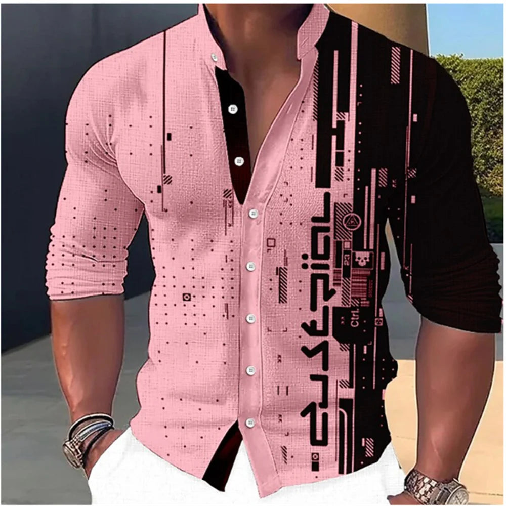 2023 Fashion and Fashion Standing Neck Shirt Men's Long Sleeve Shirt Casual Outdoor Party Soft and Comfortable Fabric Button Top