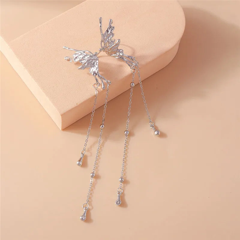 Aihua 1pc Female Y2K Fairy Butterfly Tassel Clip Earrings for Women Girls Elf Angel Ear Cuff Earring Fashion Jewelry Gifts