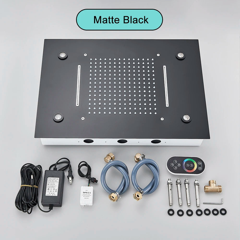Black Ceiling Intelligent Remote Control LED Rainfall Waterfall Single Shower Head Concealed Shower Tap