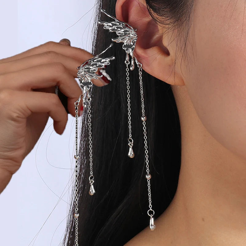 Aihua 1pc Female Y2K Fairy Butterfly Tassel Clip Earrings for Women Girls Elf Angel Ear Cuff Earring Fashion Jewelry Gifts