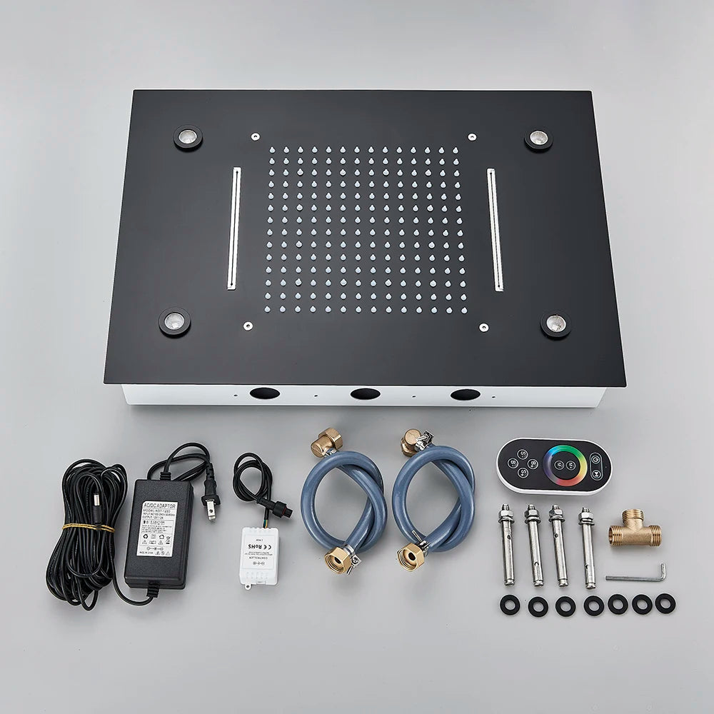 Black Ceiling Intelligent Remote Control LED Rainfall Waterfall Single Shower Head Concealed Shower Tap