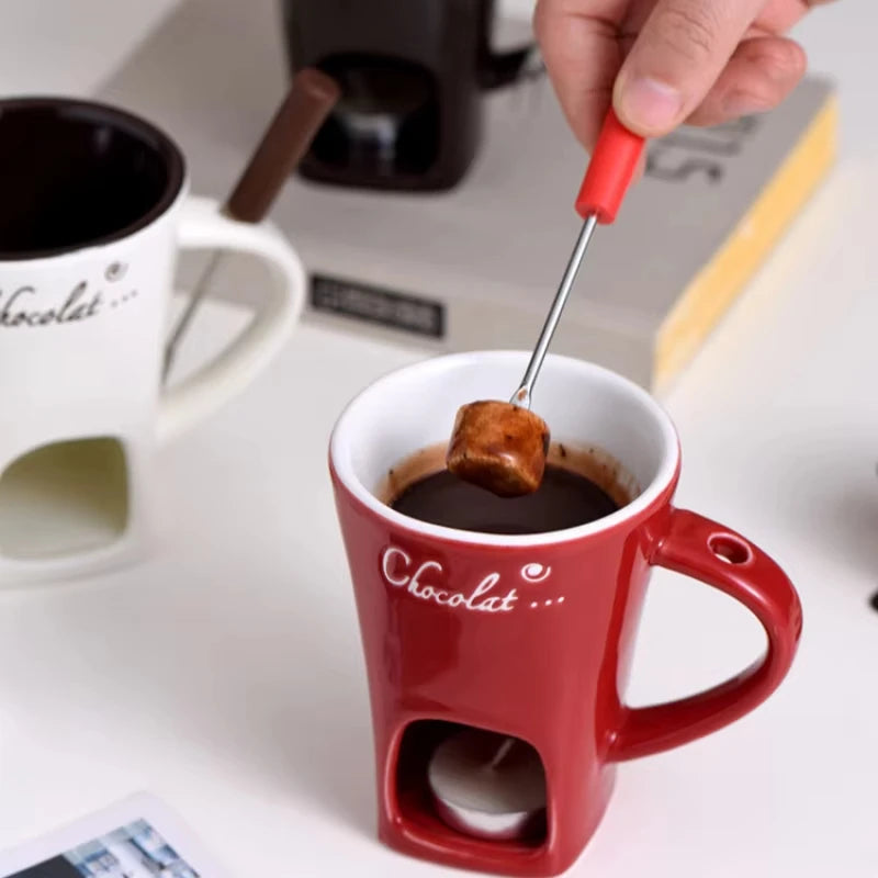 130ml Chocolate Fondue Cup European Candle Cup Ceramic Mug Heating Food Cheese Creative Coffee Mug With Fork Christmas Party