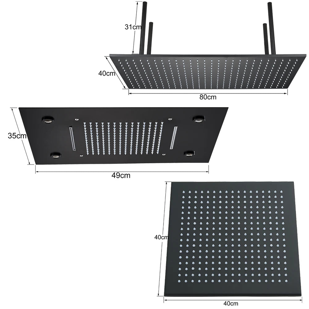 Black Ceiling Intelligent Remote Control LED Rainfall Waterfall Single Shower Head Concealed Shower Tap